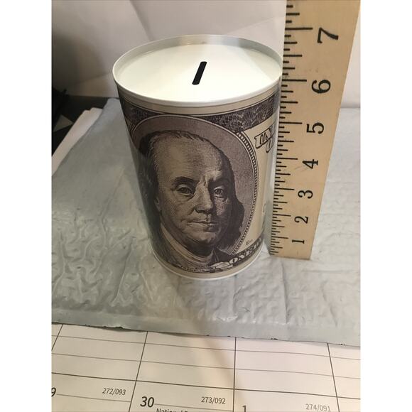 Ben Franklin Hundred Dollar Bill Money Coin Saver Tin Money Savings Piggy Bank - Picture 8 of 10